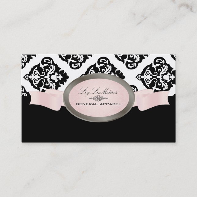 Tarjeta De Visita PixDezines Negro, Rosa, Olivia Blanco Damask (Anverso)