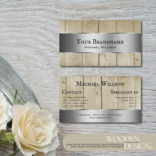 Tarjeta De Visita Placas de madera marrón claro Decoración plateada  (Subido por el creador)