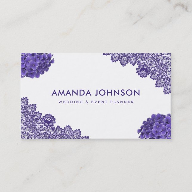 Tarjeta De Visita Planeador de eventos de Boda floral Purple Lace Hy (Anverso)