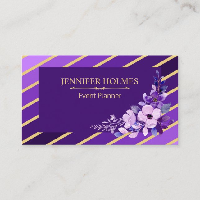 Tarjeta De Visita Planeador de eventos florales Purple Gold Stripes (Anverso)