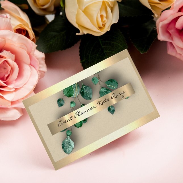 Tarjeta De Visita Planeador de eventos Gold Mint Green Eucaliptus (Subido por el creador)