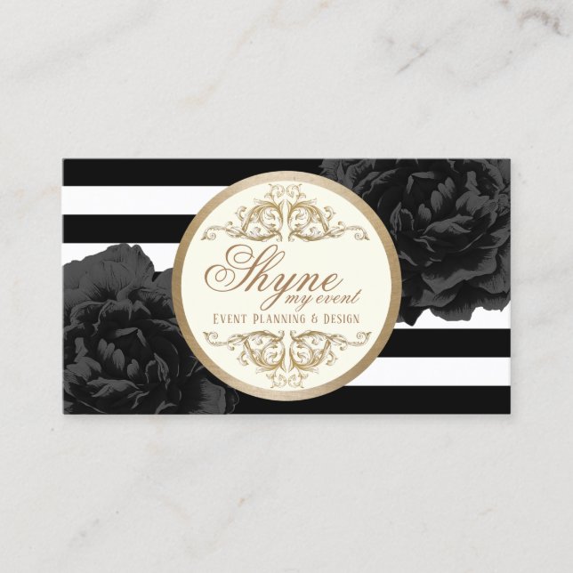 Tarjeta De Visita Planeamiento de eventos Black Floral Moderne Strip (Anverso)
