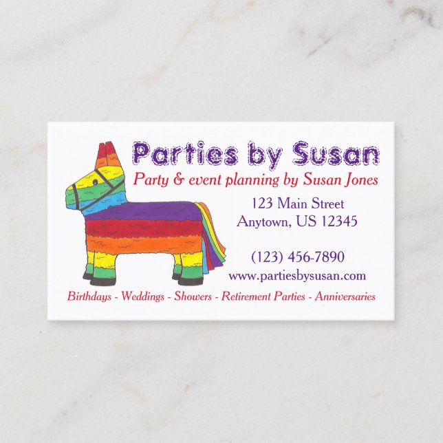 Tarjeta De Visita Planeamiento de eventos del Fiesta Rainbow Piñata (Anverso)