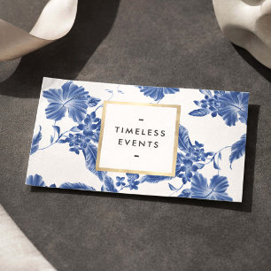 Tarjeta De Visita Planificador de Boda Floral Blanco Azul Elegante