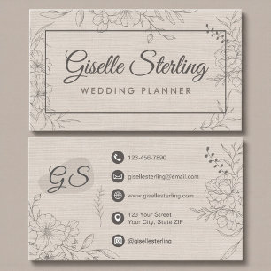Tarjeta De Visita Planificador de Bodas Arte de Línea Floral de Lino