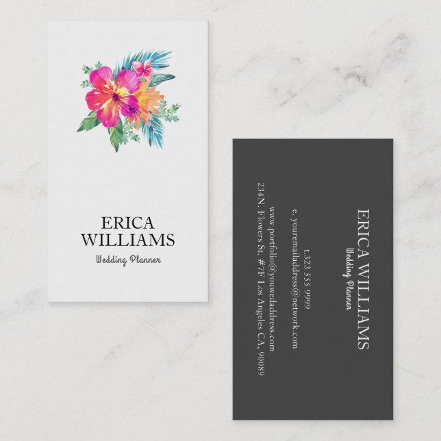Tarjeta De Visita Planificador de bodas con buquet tropical floral (Anverso / Reverso)