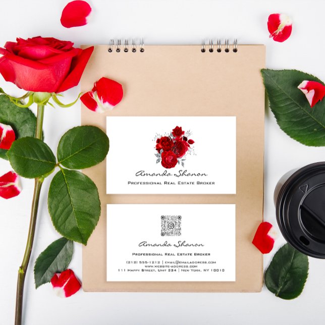 Tarjeta De Visita Planificador de bodas de eventos Roses rojas blanc (Event Wedding Planner Red Roses White Logo QR CODE Business Card)