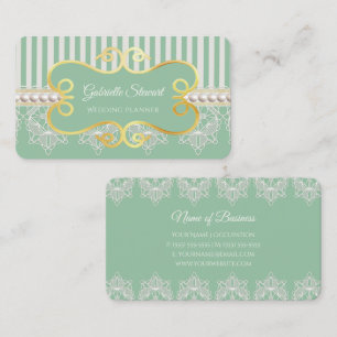 Tarjeta De Visita Planificador de Bodas Elegante Perla y Encaje Verd