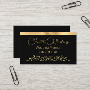 Tarjeta De Visita Planificador de Bodas Elegantes en Negro y Oro