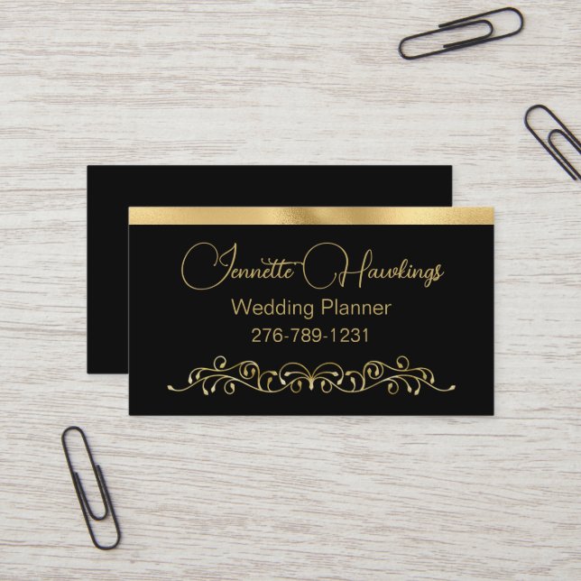 Tarjeta De Visita Planificador de Bodas Elegantes en Negro y Oro (Anverso/Reverso In Situ)