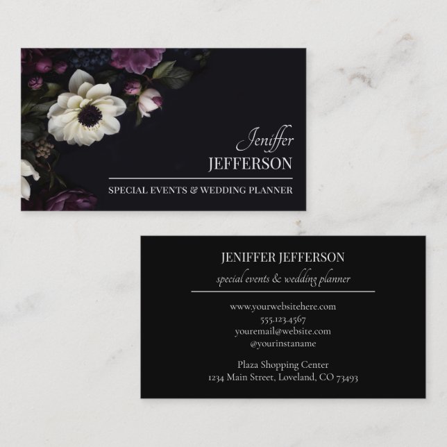Tarjeta De Visita planificador de bodas evento floral oscuro (Anverso / Reverso)