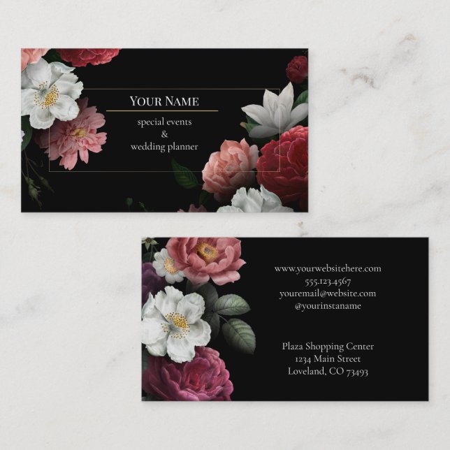 Tarjeta De Visita planificador de bodas evento floral oscuro (Anverso / Reverso)