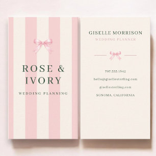 Tarjeta De Visita Planificador de Bodas Lazo Elegante Rosa y Verde a