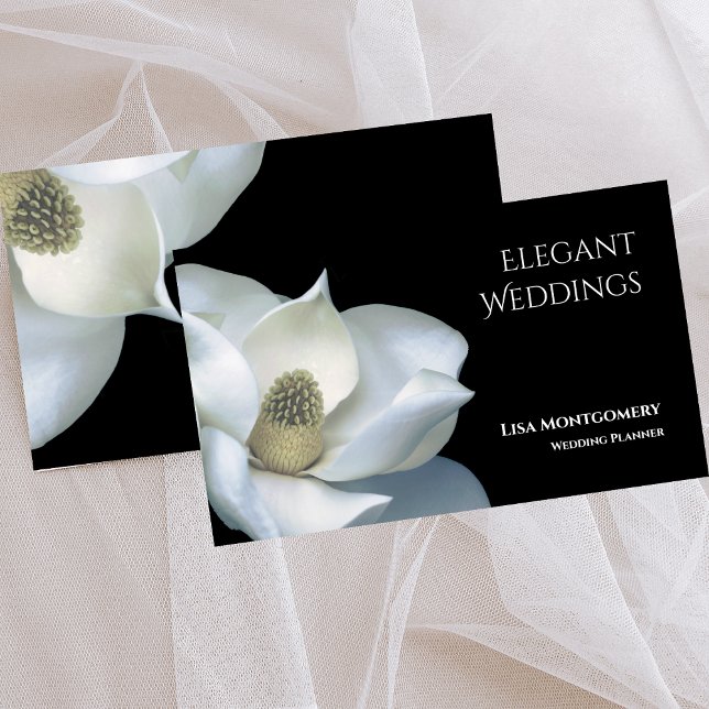 Tarjeta De Visita Planificador de bodas Magnolia Elegante Negro y Bl (Wedding Planner Elegant Magnolia Black & White Business)