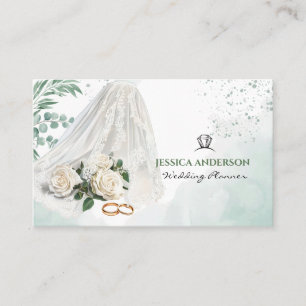 Tarjeta De Visita Planificador de Bodas Moderno Novia Velo Verde