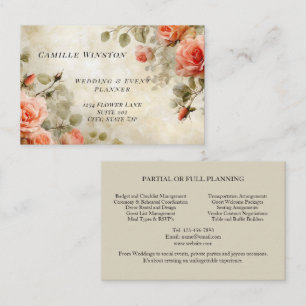 Tarjeta De Visita Planificador de bodas rosas vintage elegantes