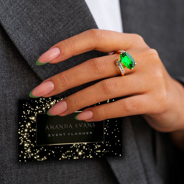 Tarjeta De Visita Planificador de eventos Black Frame Stars Gold Spa (Hair Mint Drip Glitter Coiffure Instagra Scissors Business Card)