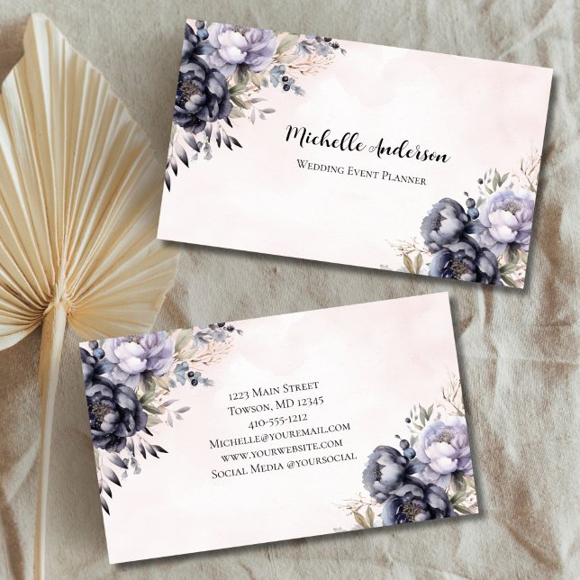 Tarjeta De Visita Planificador de eventos Boda de flores moradas ros (Purple Watercolor Floral Wedding Event Planner, Florist Feminine Business card for her)