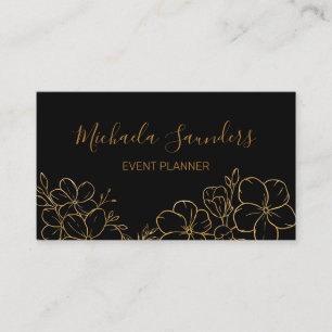 Tarjeta De Visita Planificador de Eventos Chic Black Gold Floral Lin