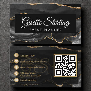 Tarjeta De Visita Planificador de eventos Código QR Negro Agate Luxu