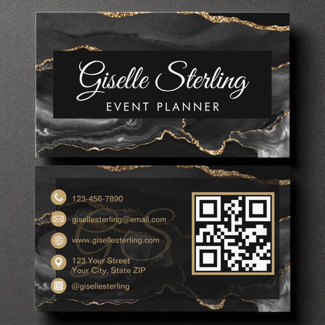 Tarjeta De Visita Planificador de eventos Código QR Negro Agate Luxu (Subido por el creador)