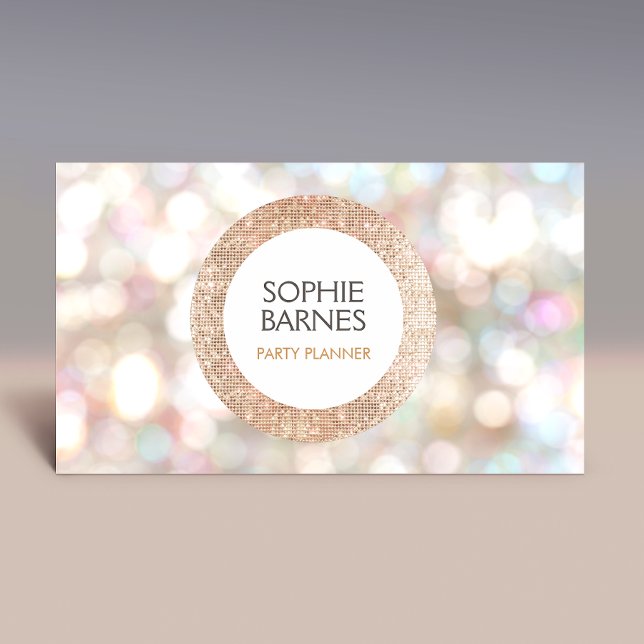 Tarjeta De Visita Planificador de eventos Cute Bokeh y Gold Sequin R (Subido por el creador)