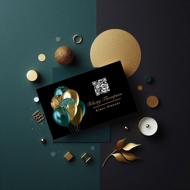 Tarjeta De Visita Planificador de eventos de globos verde azulados y (Teal and Gold Balloons Event Planner QR Code Business Card)