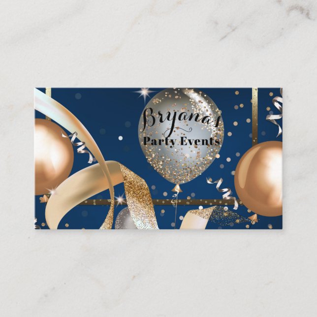 Tarjeta De Visita Planificador de eventos Gold Balloons Navy Blue Fi (Anverso)