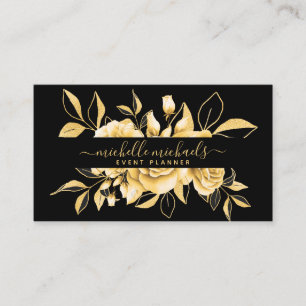 Tarjeta De Visita Planificador de eventos Gold Black Floral Watercol