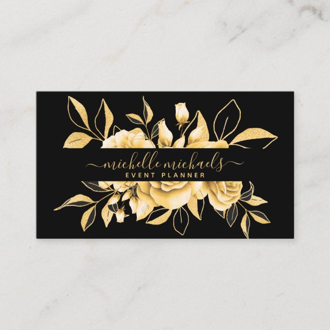 Tarjeta De Visita Planificador de eventos Gold Black Floral Watercol (Anverso)