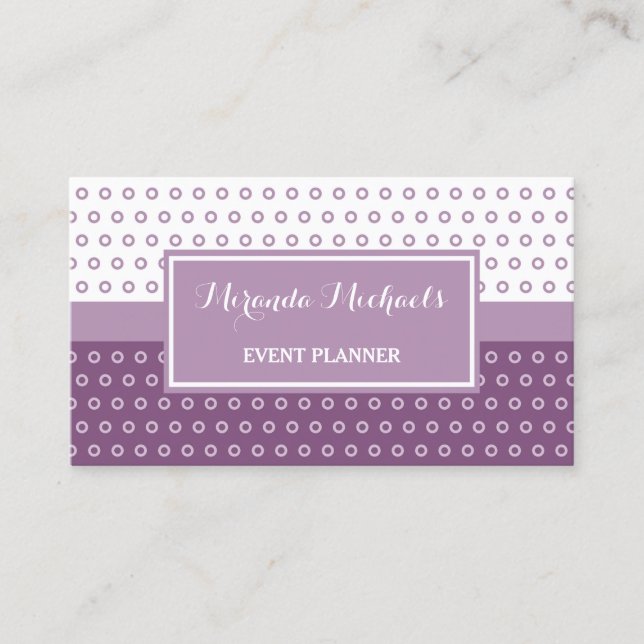 Tarjeta De Visita Planificador de eventos Mod Purple and White Polka (Anverso)