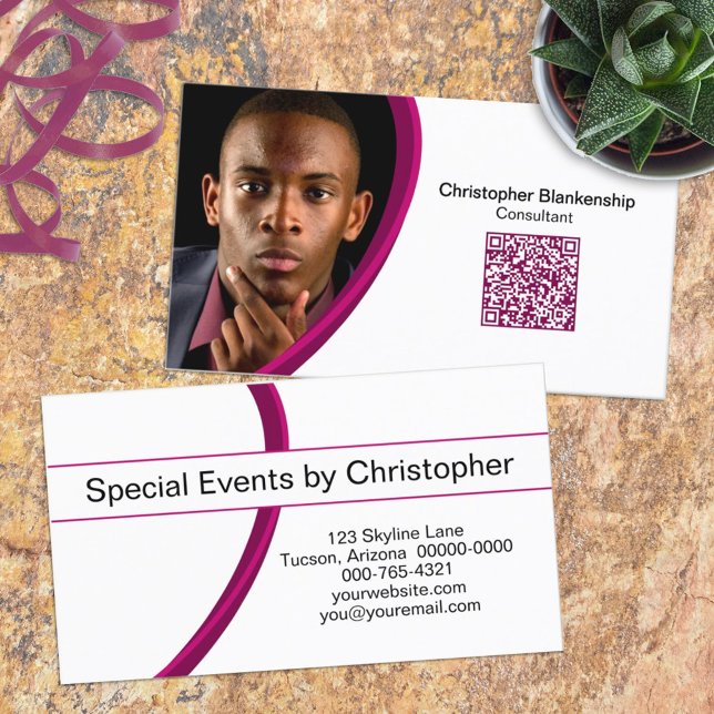Tarjeta De Visita Planificador de eventos Personalizado blanco de Bo (Custom photo and qr code double sided business card template)