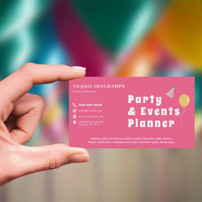 Tarjeta De Visita Planificador de fiestas y eventos rosa (Party & Events Planner Pink Business Card)