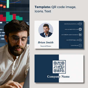 Tarjeta De Visita Planificador financiero azul y blanco de código QR