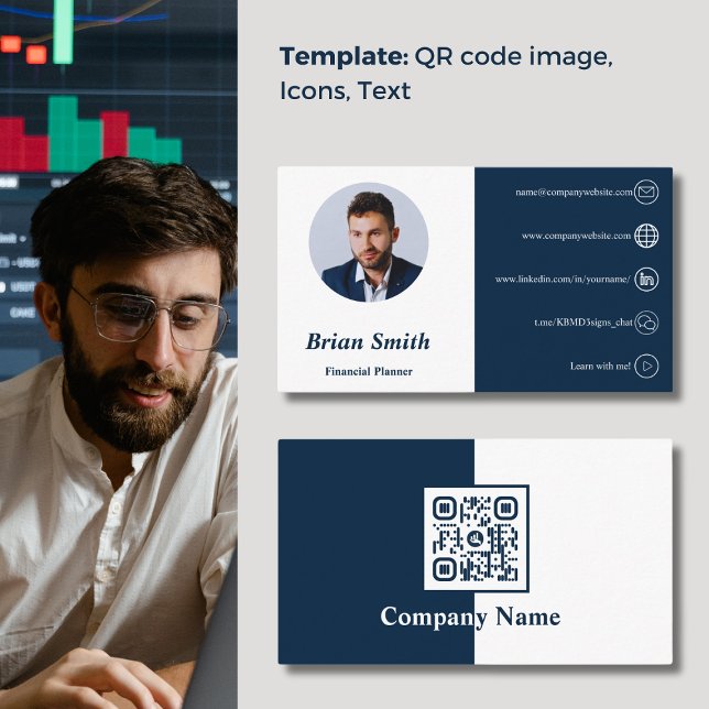Tarjeta De Visita Planificador financiero azul y blanco de código QR (QR Code White and Blue Financial Planner Business Card)