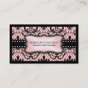 Tarjeta De Visita Planificador rosado y negro de la boda del damasco