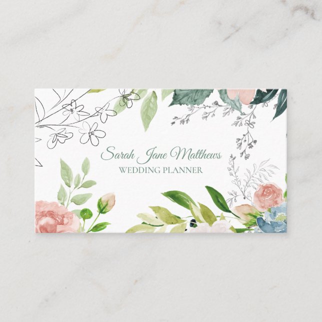 Tarjeta De Visita Planner botánico floral acuático moderno de boda (Anverso)