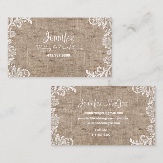 Tarjeta De Visita Planner/Burlap & Lace de bodas y eventos (Anverso / Reverso)