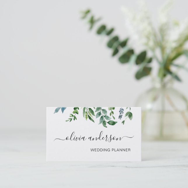 Tarjeta De Visita Planner de bodas de follaje verde elegante moderno (Anverso de pie)