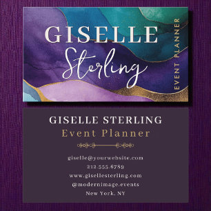 Tarjeta De Visita Planner de eventos Purple Gold Moderno acuarela