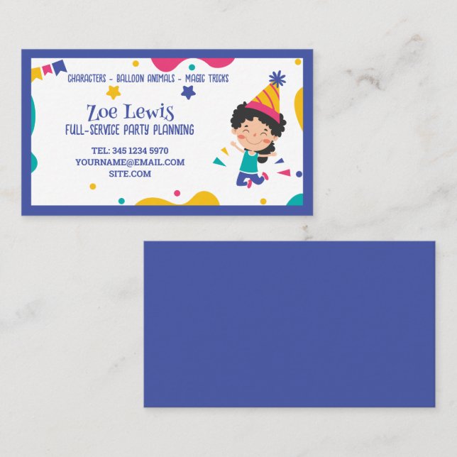 Tarjeta De Visita Planner de Fiestas para niños (Anverso / Reverso)