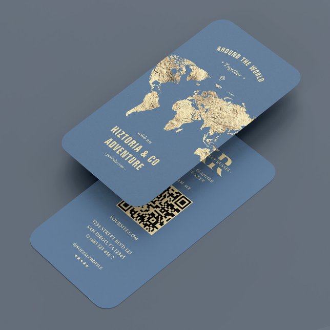 Tarjeta De Visita Plano de viajes moderno Blue Gold World Map (Modern Travel Planner Blue Charcoal Gold World Map Business Card
)