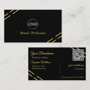 Tarjeta De Visita Plano Negro con Logotipo y Código QR de Líneas Dor