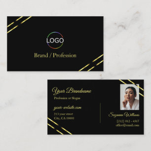 Tarjeta De Visita Plano Negro con Logotipo y Foto con Líneas Doradas