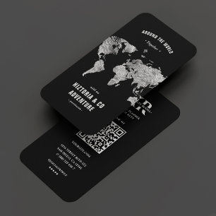 Tarjeta De Visita Plano profesional de viajes Black Silver Map