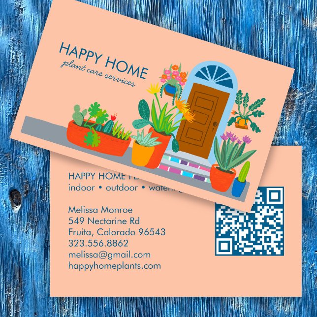 Tarjeta De Visita Planta de cuidado vegetal sentada Cuta puerta dela (Plant Care Plant Sitting Housesitting Home Services Cute Front Door Custom QR Code Business Card
)