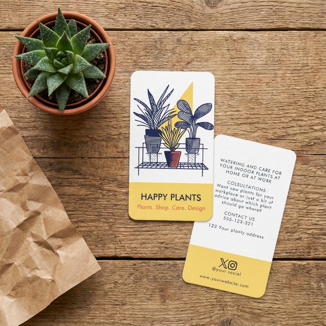 Tarjeta De Visita Planta de estilo moderno de mediados del siglo XX  (Mid Century Modern House Plant Yellow and Blue Business Card.)