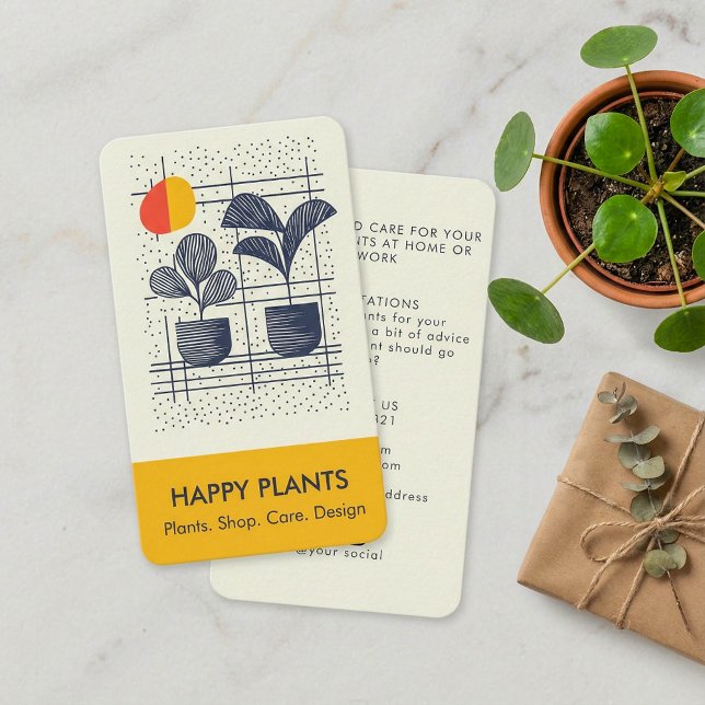 Tarjeta De Visita Planta de estilo moderno de mediados del siglo XX  (Mid-Century Modern House Plant Yellow and Navy Business Card.)
