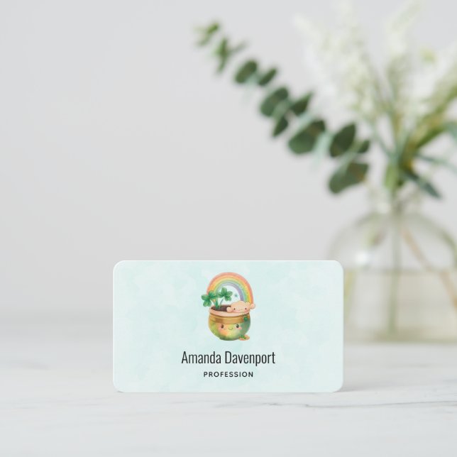 Tarjeta De Visita Plantador caprichoso con arcoiris y trébol (Anverso de pie)