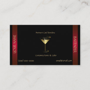 Tarjeta De Visita Plantilla de Bartender Metálico Rojo Dorado Elegan